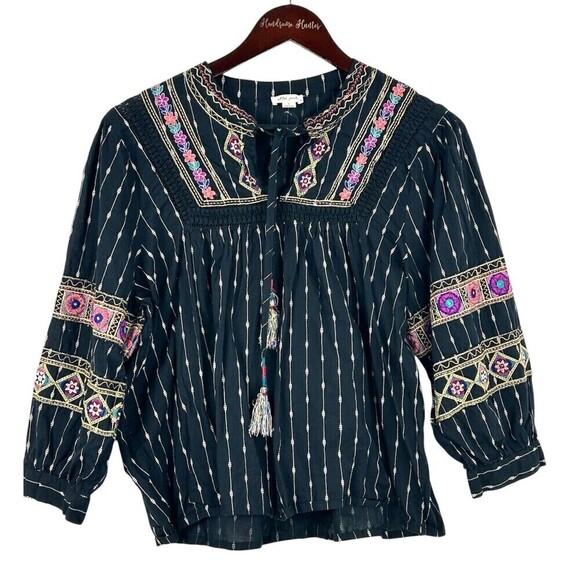Ultra Pink Women L Top Black Gold Embroider Puff Sleeve Tassel Boho Festival N1 - Picture 1 of 12